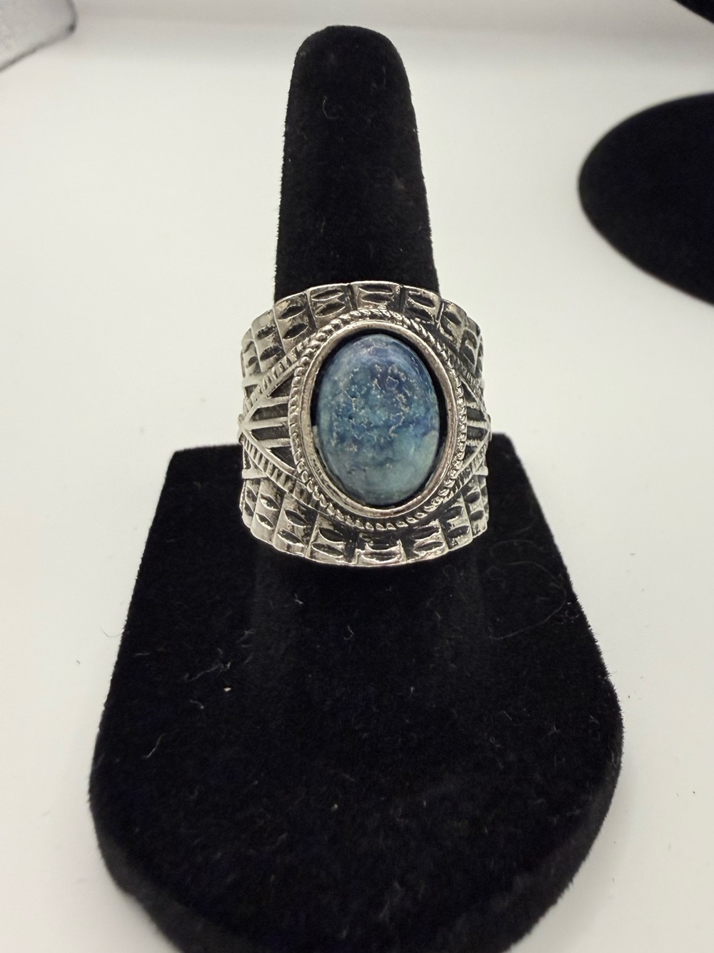 Textured Silver tone Ring with Blue Oval Stone